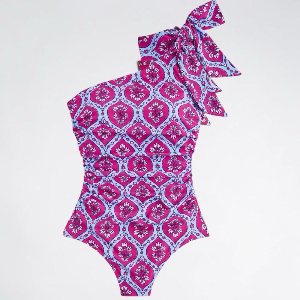 J Crew Bow Shoulder Swimsuit WMNS XS Blue Purple One Piece Medallion Print CP898